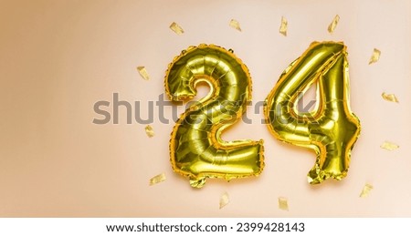 A golden foil balloon with the number twenty-four. A birthday or anniversary card with the inscription 24. the color is peach fuzz . Anniversary celebration. The banner. copy space Royalty-Free Stock Photo #2399428143