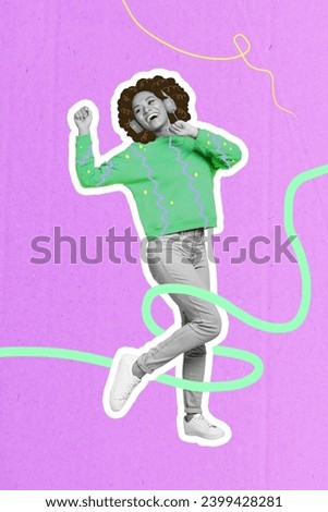 Collage image picture of crazy cheerful girl listening music dancing have fun joy isolated on drawing purple background