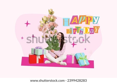 Composite collage image of young female hold receive roses bouquet celebrate happy birthday gifts party billboard comics zine minimal