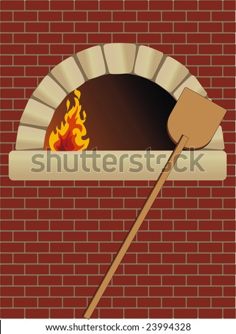 firewood oven with shovel on brick wall