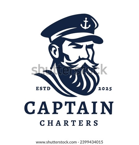 Boat charter captain logo. Mustache bearded sailor icon. Maritime skipper emblem. Vintage nautical seafarer symbol. Vector illustration. Royalty-Free Stock Photo #2399434015