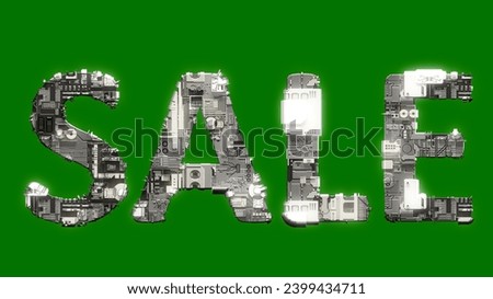 industrial style cybernetical text SALE on chroma key screen backdrop, isolated - object 3D illustration