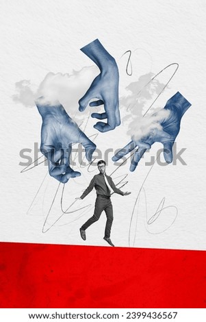 Retro abstract creative artwork template collage of young male worker hands hold catch control manipulate bizarre unusual fantasy billboard Royalty-Free Stock Photo #2399436567