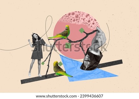 Collage artwork graphics image of young beautiful girl holding branch with wild budgerigar parrots chilling isolated on beige background