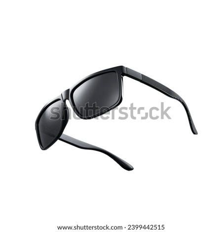 Sunglasses with black frames, with beautiful highlights, floating in the air. Isolated on a white background. Royalty-Free Stock Photo #2399442515