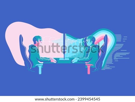 Two guys sitting in front of each other separated by the computer screen. One of them representing Artificial Intelligence and Neural Networking. Vector conceptual illustration