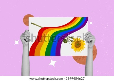 Creative artwork idea collage human rights tolerance holding picture rainbow multicolor rainbow and sunflower over pink background