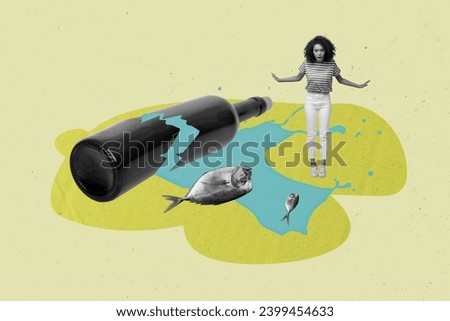 Collage image of mini impressed black white effect girl big broken bottle spill water dead piranha fish isolated on green background