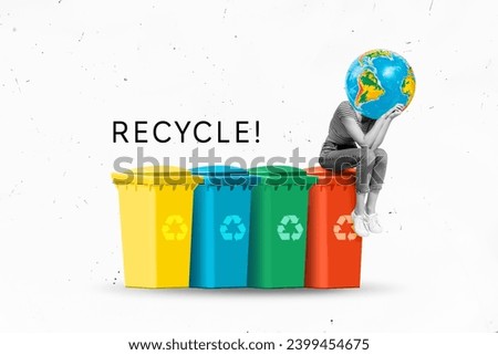 Creative collage picture illustration black white filter character sit garbage can colorful recycle reuse plastic support save planet