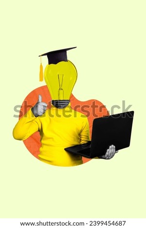 Vertical abstract creative photo collage standing student pupil teen boy showing thumb up hold laptop remote study headless lightbulb