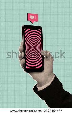 Vertical surreal photo collage of man hand hold smartphone hypnotizing screen addicted to social media content on creative background Royalty-Free Stock Photo #2399454689
