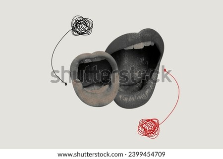 Horizontal minimal bizarre photo collage of two giant mouths talking to each other black white effect isolated on white background