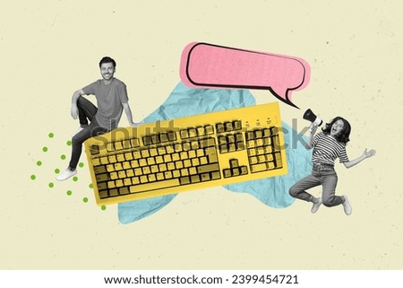 Collage image artwork sharing narrative information girl screaming megaphone in community chat using keyboard isolated on gray background