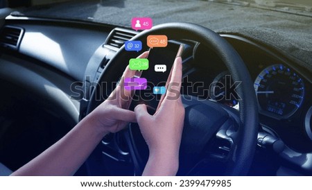 Woman using social media and digital online marketing concepts on mobile phones with icons such as notifications, messages, comments on the smartphone screen in car.