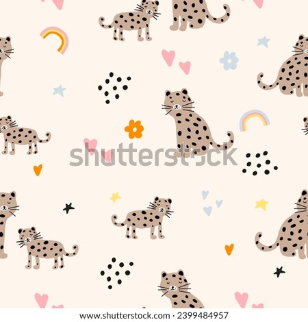 Animals Parent with Baby. Leopard animal. Brightly colored childish print. Cute animals for Mother's Day. Colorful kids seamless pattern Royalty-Free Stock Photo #2399484957