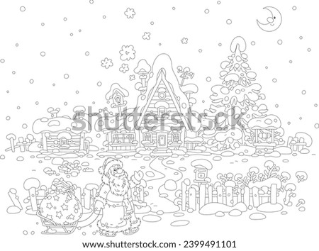 On the snowy night before Christmas happy Santa Claus pulling his sledge with a magical bag of winter holiday gifts for little children sleeping in a cute small village house, vector cartoon