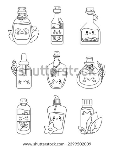 Cute happy funny herbal oil bottle. Coloring Page. Kawaii cartoon organic cosmetic characters. Hand drawn style. Vector drawing. Collection of design elements.