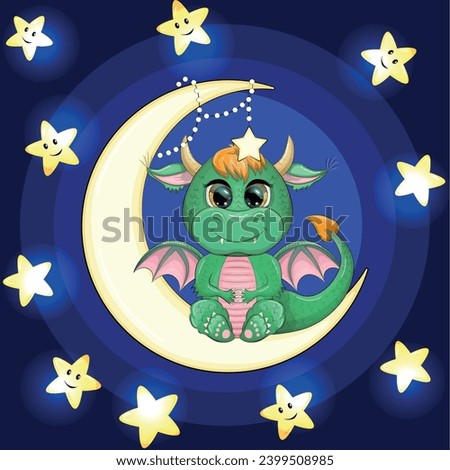 A cute cartoon green dragon sits on the moon. Animal on a dark blue background with clouds and stars. Year 2024 Chinese calendar.