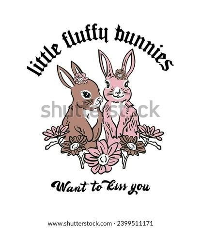 Rabbits vector illustration for fashion garments. Cute bunny retro print with slogan. Royalty-Free Stock Photo #2399511171