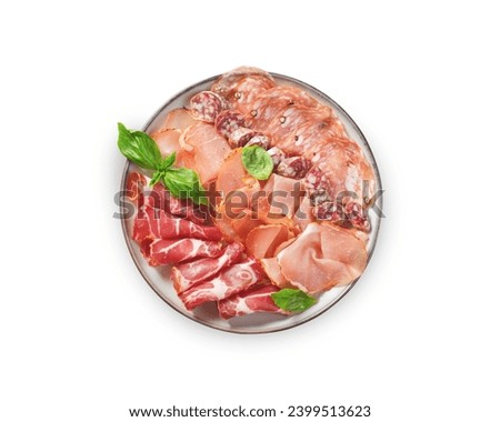 Cured Meat Platter, Antipasto Set, Appetizer Variety on Plate over White Background Royalty-Free Stock Photo #2399513623
