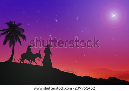 Nativity Christmas concept: Silhouette Mary and Joseph journeying through the dessert with a donkey on colorful night looking for a place to stay