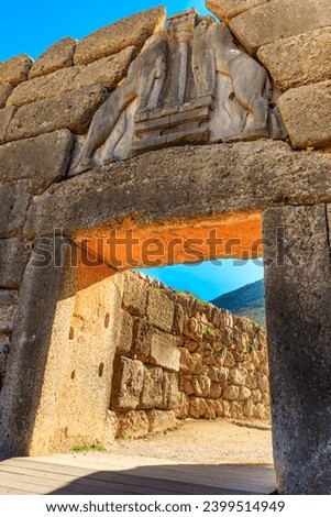 Lion's gate, the main entrance of the citadel of Mycenae. Archaeological site of Mycenae in Peloponnese, Greece Royalty-Free Stock Photo #2399514949