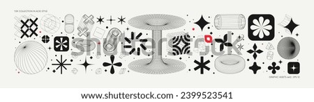 Vector graphic assets set in acid style, retro futuristic background with wireframe elements of different forms, bold modern shapes for design template, poster, clothes, stickers in Y2k style set 2 Royalty-Free Stock Photo #2399523541