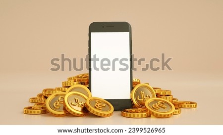 3D rendering of mobile phone with blank screen with Golden Saudi Riyal coins surrounding it isolated on orange background
