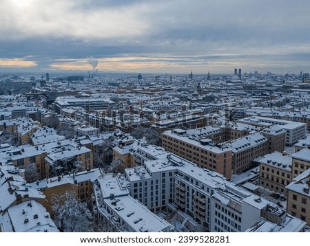 Aerial view of Munich city after heavy snowfall