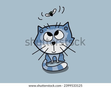Cat with a Fly is a vector image that shows a black and white drawing of a cat sitting on its hind legs watching a fly flying over its head. Printable image.