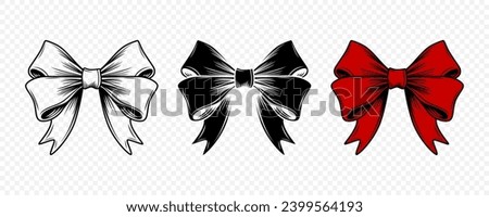 Vector Cartoon Bow Tie or Gift Bow, Cut Out and with Outline Icon Set Isolated. Bow Design Template