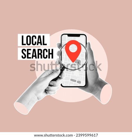 local search, SEO optimization, searches near me, Optimization, search engines, local, marketing strategy, business line, hand with magnifying glass, cell phone in hand, map with pin, local search Royalty-Free Stock Photo #2399599617