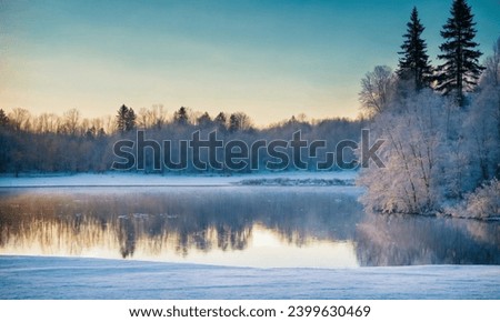 In this stunning winter landscape photo, a charming lake sits in the middle of a cool forest. Pure white snow covers the trees and land surrounding the lake.