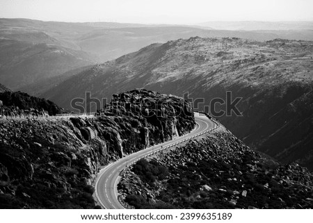 The Serra da Estrela in Portugal, a winding mountain road. Black and white photo.