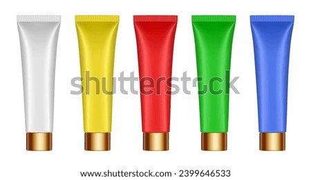 Set of white, yellow, green, red and blue tubes with gold caps. Cosmetic tube mockup. 3d illustration. Serum or cream. 