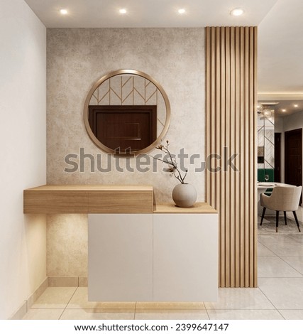 Modern foyer design with light wood and white color storage, round mirror,rafters, vase, and wallpaper. 3d render interior mock-up. Royalty-Free Stock Photo #2399647147