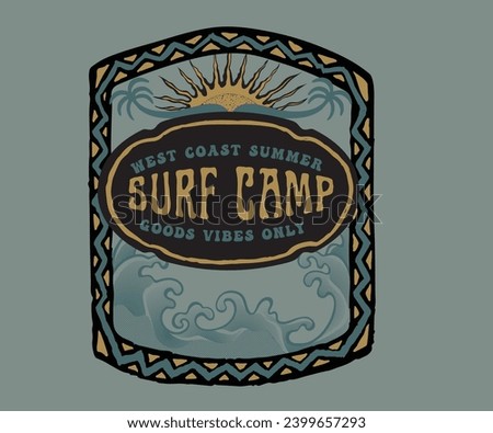 summer surf camp vector design, surfing beach artwork  for t shirt, sticker, poster, graphic print, retro vintage ocean wave design, bohemian ethnic design