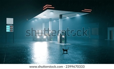 background sci fi 3d rendering foggy rain cat men car gas station street station night light dark blue