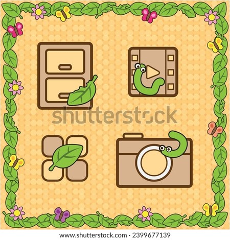
Vector icon cute leaf, caterpillar and butterfly cartoon for create a theme. Icon file manager, video, menu, home and camera. Frame and wallpaper leaf.