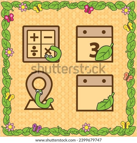 Vector icon cute leaf, caterpillar and butterfly cartoon for create a theme. Icon calculator, calendar and location. Frame and wallpaper leaf. 