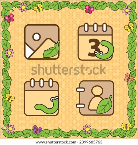 Vector icon cute leaf, caterpillar and butterfly cartoon for create a theme. Icon gallery, calendar and contacts. Frame and wallpaper leaf.