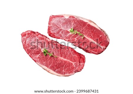 Raw wagyu oyster top blade steaks, organic beef meat. Isolated, white background Royalty-Free Stock Photo #2399687431