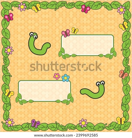 Vector icon cute leaf, caterpillar and butterfly cartoon for create a theme. Icon bubble chat. Frame and wallpaper leaf.
