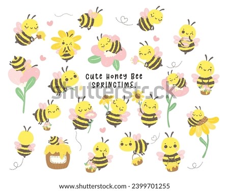 Cute bee Baby with honey and flowers Cartoon collection in adorable poses collection. Kawaii Animal Drawing for Spring Summer. Royalty-Free Stock Photo #2399701255