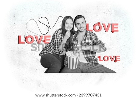 Creative collage picture of two cheerful black white colors partners eat popcorn enjoy watch love movie painted hearts