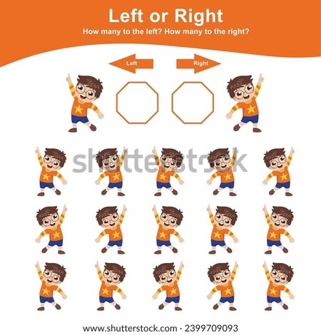 Left or right the cute little boy. Counting worksheet for kids. Math game. Count and write the result. Left or Right worksheet for kids. Educational printable math worksheet.  Royalty-Free Stock Photo #2399709093