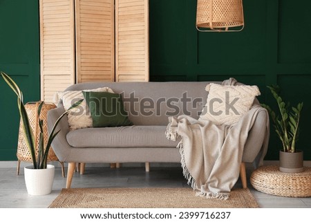 Interior of living room with grey sofa, houseplants and folding screen