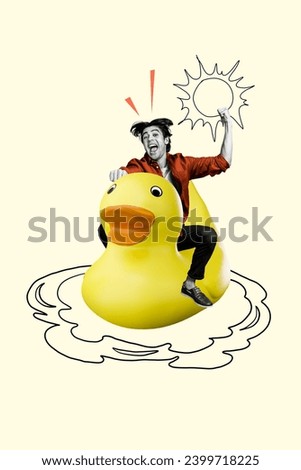 Collage image picture of funky cheerful man swimming on huge duck summer vacation isolated on drawing background