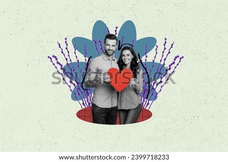 Creative collage image illustration black white filter young handsome charm family hold heart card sketch unusual colorful background