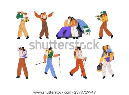 Hikers, campers, backpackers set. Tourists hiking, trekking. Active people walking with backpacks. Outdoors adventure, travel, tourism. Flat vector illustrations isolated on white background Royalty-Free Stock Photo #2399719949